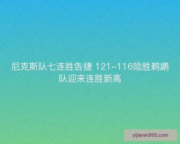 尼克斯队七连胜告捷 121-116险胜鹈鹕队迎来连胜新高